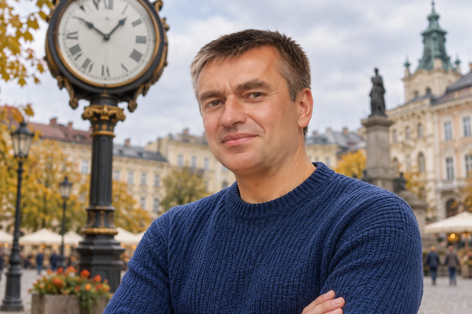 Максим Нижник под уличными часами на просторной площади — AI-иллюстрация